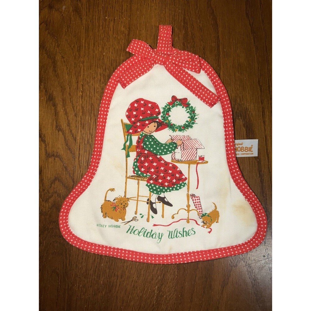 Vtg Holly Hobbie Holiday Wishes Bell Potholder Christmas Hot Pad